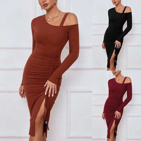 Vestidos casuais elegante fora do ombro fenda manga longa bodycon vestido cor sólida mulheres pulôver slim fit rib knit camisola de natal