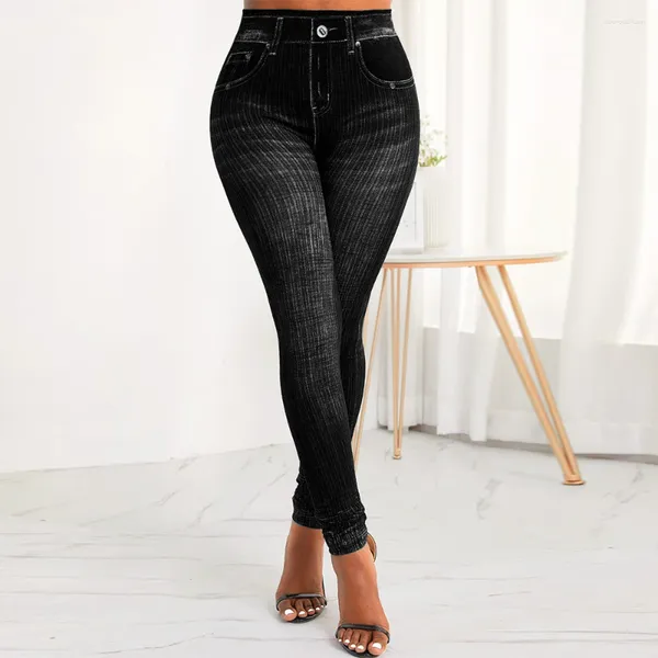 Leggings femininas calças magras moda roupas M-3XL plus size 2023 falso denim jeans calças de cintura alta senhoras casual elástico