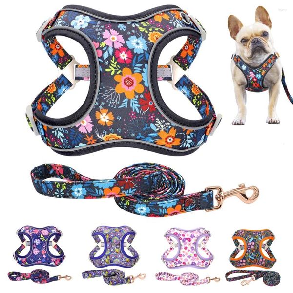 Coleiras para cães com estampa floral, arnês reflexivo e trela, conjunto ajustável, colete pitbull para cães médios e grandes, caminhada, corrida