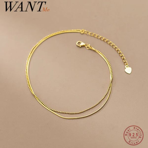 Cavalchi Wantme 925 Sterling Sterling Simple Double Snake Bone Round Beads Anklet for Women Fine 18k Gold Chain Gioielli bohémien 231027