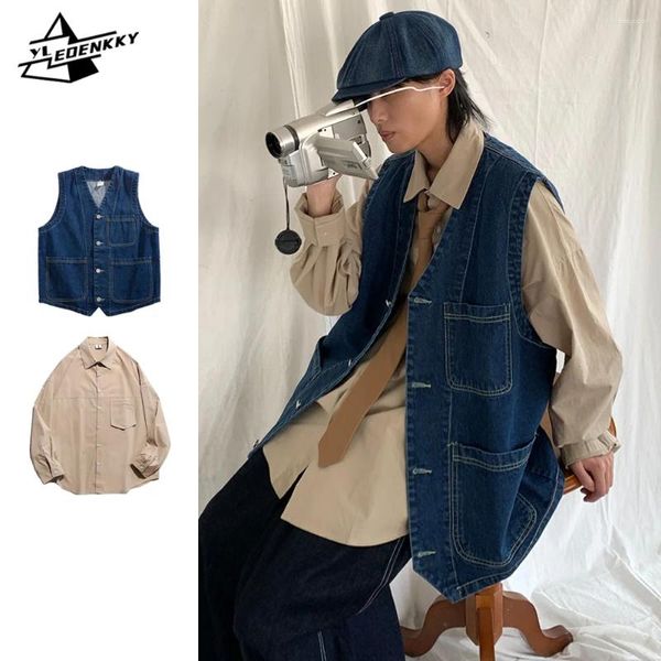 Tracksuits masculinos outono retro conjunto homens mulheres harajuku simples carga desgaste denim colete baggy cor sólida camisa de manga comprida rua casual