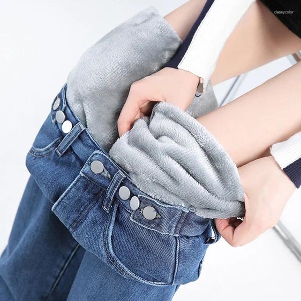 Jeans da donna a vita alta in denim sciolto dritto con bottoni multipli regolazione autunno inverno caldo pantaloni dal design coreano