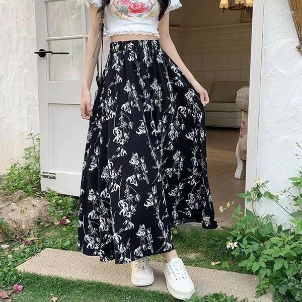 Röcke Lucyever Vintage Blumendruck Chiffon Weiblicher Sommer Hohe Taille A-Linie Rock Frauen Koreanische Allgleiches Fee Lange