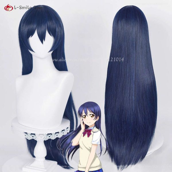 Trajes de Catsuit 80cm Anime Lovelive Love Live Sonoda Umi Cosplay Peruca Azul Preto Mulheres Perucas Resistente ao Calor Cabelo Sintético