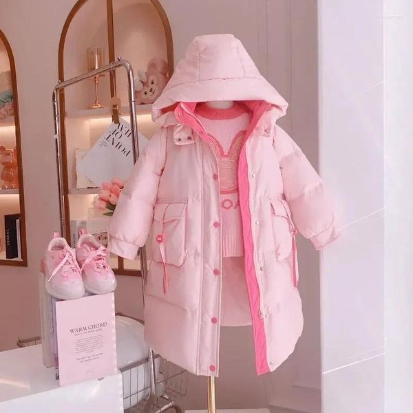 Casaco para baixo 2023 crianças roupas jaqueta de algodão quente para a menina inverno engrossar parka com capuz crianças outerwear moda grande bolso casacos