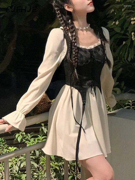 Vestidos casuais cjfhje vintage damasco lolita mulheres y2k manga longa elegante senhora mini vestido outono kawaii uma peça coreana