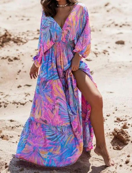 Sıradan Elbiseler Moda 2023 Yaz Seksi V-Yong Uzun Kollu Dantel Günlük Tatil Hafif Streç Tropikal Baskı Yüksek Kalamlı Maxi Elbise