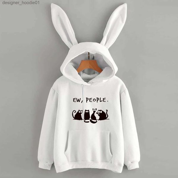 Erkek Hoodies Sweatshirts 2021 Kadınlar Cadılar Bayramı Sweatshirt Sıradan Gevşek Kedi Baskı Cep Çizme Bluz Tavşanı Kulak Hoodie Top Uzun Fermuar Kazak L231027