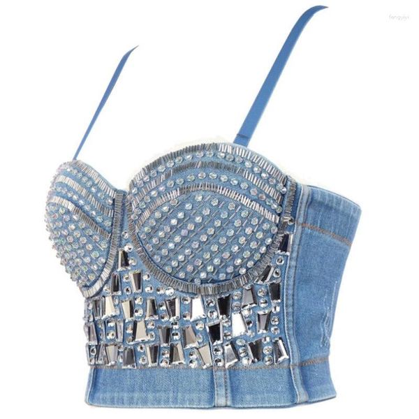 Bustiers espartilhos sexy strass diamante denim sutiã feminino 2023 tanque superior jean espartilho cristal ajustável clube cami colheita topos p800bustiers