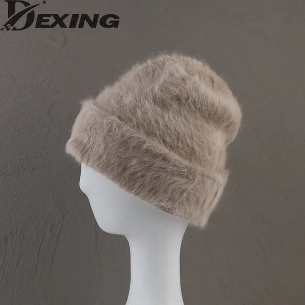 Beanieskull Caps Angora Tavşan Kürk Kış Şapkası Kadınlar İçin Knited Kabarık Beanie Bayanlar Moda Sıcak Peluş Kafatası Kadınlar Kalın Polar Şapkalar 231027