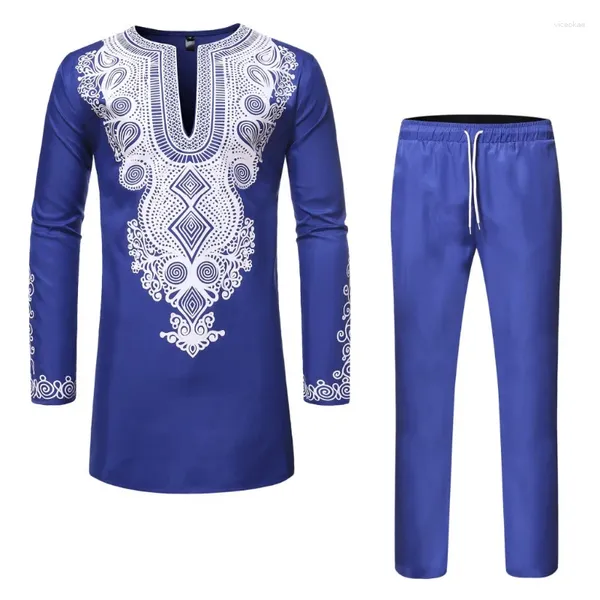 Tute da uomo Camicia africana Pantaloni Set Stampa metallizzata Top Maniche lunghe Abbigliamento Scollo a V Abbinamento abito tradizionale con pantaloni per uomo