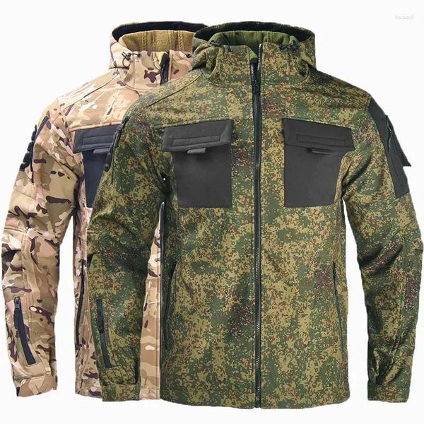 Giacche da caccia Giacca softshell tattica militare da uomo con cappuccio calda impermeabile mimetica in pelle di squalo multitasche