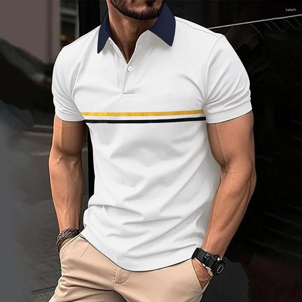 Camisas casuais masculinas homens t-shirt para férias de verão lapela poliéster regular manga curta leve estiramento listrado 1 peça botão para baixo