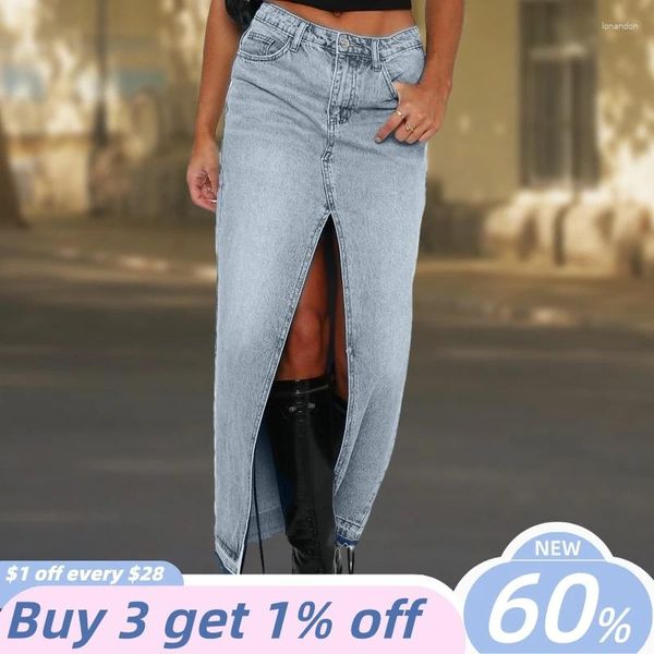 Saias Front Slit Long Denim para Mulheres Casual Cintura Alta Jean Faldas com Bolso Y2K Sólido Slim Fit Saias Commuting Daily Outfit
