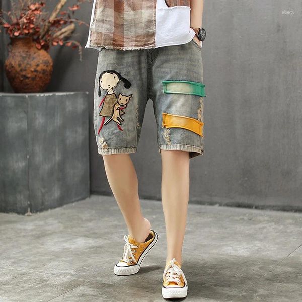 Frauen Jeans 2023 Denim Shorts Feminino Patchwork Stickerei Ripped Plus Size Summer Arts Style Frauen elastische Taille Vintage Vintage