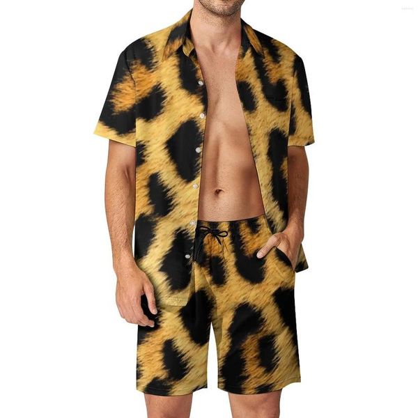 Fatos masculinos leopardo impressão homens define moda animal havaiano camisa casual conjunto de manga curta impresso shorts verão praia terno plus size