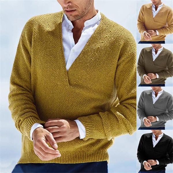 Camisolas masculinas outono inverno homens de malha com decote em v pullovers manga longa malhas sólidas quente jumper roupas amarelo streetwear