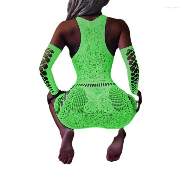 Meias femininas sexy lingerie luminosa corpo meia fluorescente malha bodysuit tubo superior macacão