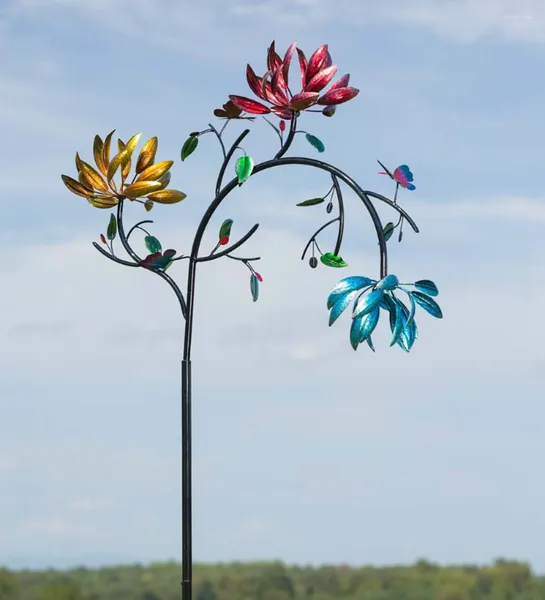 Decorações de jardim grande metal girando moinho de vento flor borboleta girador colorido gramado arte ao ar livre com flores