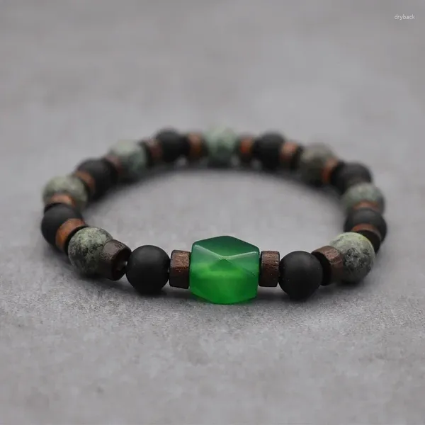 Bracciale con perline di legno in pietra con motivo naturale per uomo, equilibrio curativo, chakra di preghiera con catena da polso del Buddha tibetano