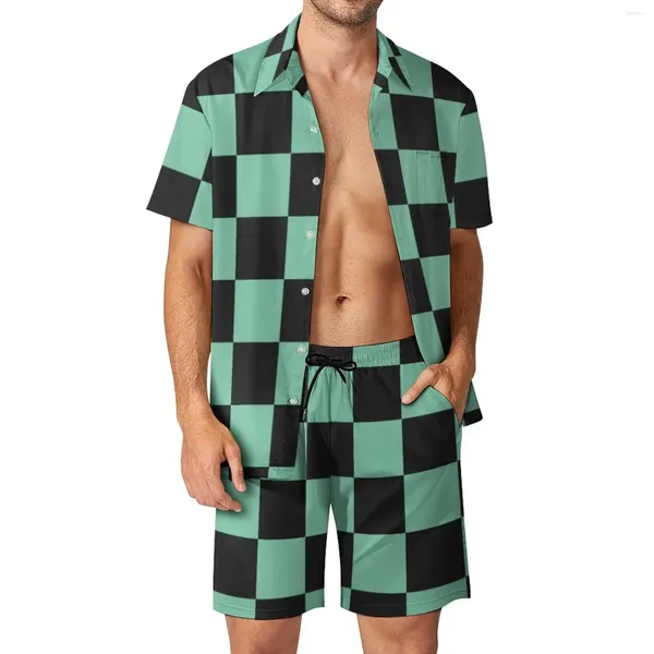 Tracksuits masculinos Tanjiro Padrão Homens Conjuntos Camisa Casual Conjunto Hawaii Beach Shorts Verão Design Terno 2 Peça Roupas Tamanho Grande