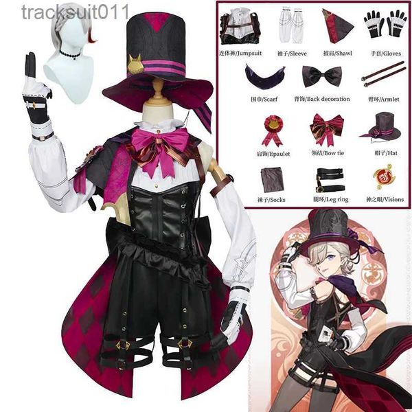 Anime Kostüme Anime Genshin Impact Lyney Cosplay Come Perücke Hut Set Fontaine Magier Leder Uniform Kleid Kurzes Haar Rock Handschuh Outfit L231027