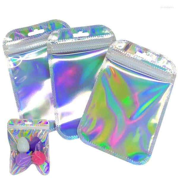 Bolsas de jóias 50 pcs laser iridescente zip lock saco engrossar auto selagem sacos de opp plástico com buraco de pendurar para jóias embalagem de exibição de varejo