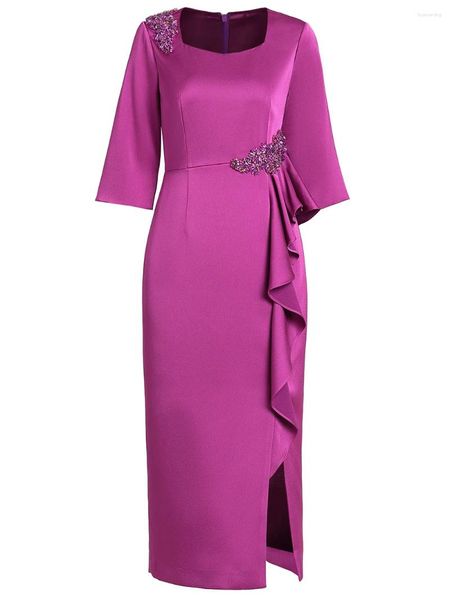 Vestidos casuais vestido de luxo 2023 outono inverno festa cocktail mulheres sexy colar quadrado luxurioius beading plissado deco midi vermelho roxo 4xl