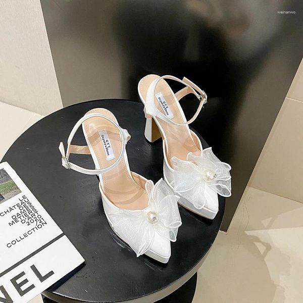 Sandali con plateau a punta in pizzo con fiocco da donna con tacco a spillo con fibbia bianca Scarpe da gladiatore estive eleganti da sposa per donna