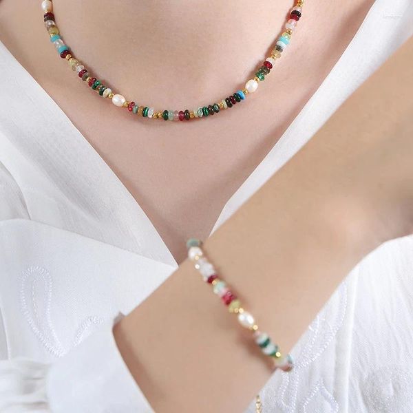 Strand na moda dopamina multicolorido frisado pedra natural de água doce pérola colar pulseiras conjunto jóias para mulheres colar artesanal presente