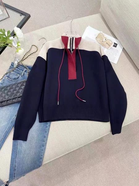 Maglioni da donna 2023 Autunno/Inverno Sportivo Stile Casual Bianco e Nero Rosso Contrasto Cerniera Mezzo Collo Aperto Maglione Donna Allentato