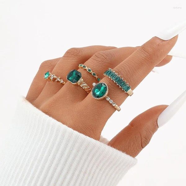 Кольца кластера, модный набор с зелеными кристаллами для женщин, бохо, простое позолоченное геометрическое винтажное кольцо на палец, женские ювелирные изделия, подарки на вечеринку