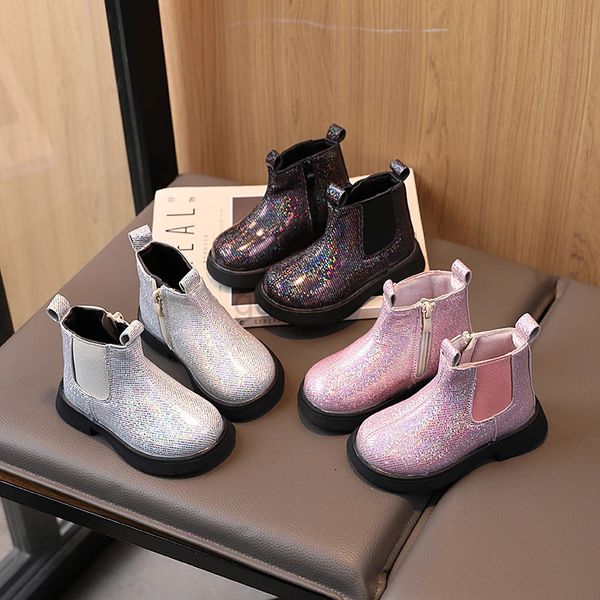 Boots Kids Chelsea Boots Paillette Sparkly Tri Color Color Girl Awumn Boot Short Zipper Angle High 21-30 Модная детская обувь 231027