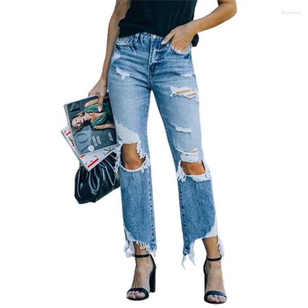 Kadınlar kot moda modern tarzı kırık delikler düz yüksek bel dokuz dakikalık pantolon kadın yaz caddesi gündelik denim pantolon