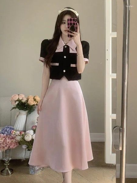 Vestidos de trabalho de alta qualidade francês vintage duas peças conjunto feminino elegante puff manga lapela cortada superior cintura elástica midi saia ternos moda