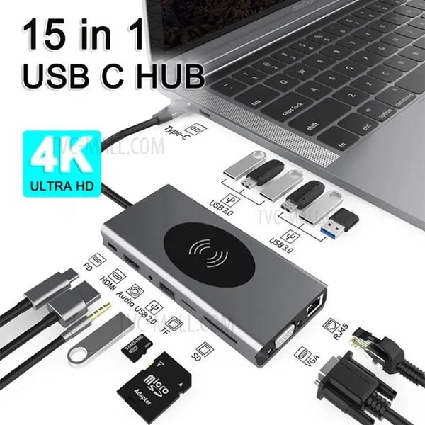 15-in-1-USB-C-Hub, 10 W, kabelloses Ladegerät, Typ C auf 4K-Auflösung, HD-Video, 1080P, VGA, PD, TF, 3,5-mm-Adapter, USB 3.0-Splitter, 1000 m, RJ45