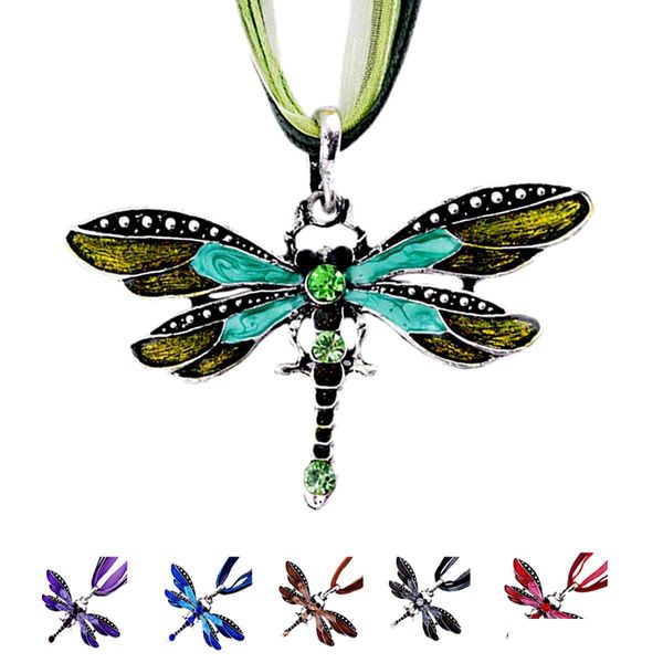Anhänger Halsketten Vintage Emaille Libelle Halskette für Frauen Choker mit Strass Wachs Seil Kette Kragen Modeschmuck Drop Delive Dh48A