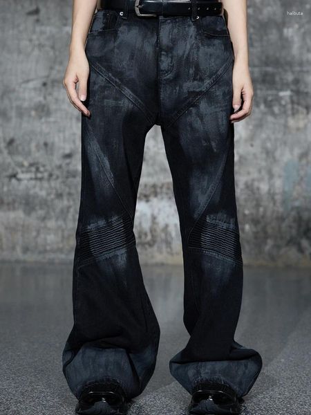 Herrenhose Wasteland Style Unisex Wear Punk High Street Distressed Coating Dirty Dyed Plissee Black Flared Jeans Hosen Herren