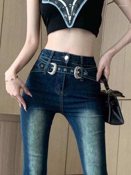 Jeans femininos flare mulheres faixas skinny sexy magro outono estilo coreano calças de comprimento total esbelto vintage básico casual design hipsters