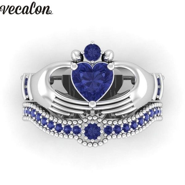 Vecalon Lovers Anello claddagh in pietra portafortuna blu 5A Zircone Cz Anello in oro bianco riempito con fede nuziale di fidanzamento Set per donna uomo Gift2229