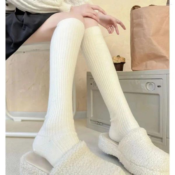 Kadınlar Uzun Sonbahar Düz Renk Dikey Desen Buzağı Siyah ve Beyaz Basit İnce JK Çok Yeri Kampüs Tarzı Çorap
