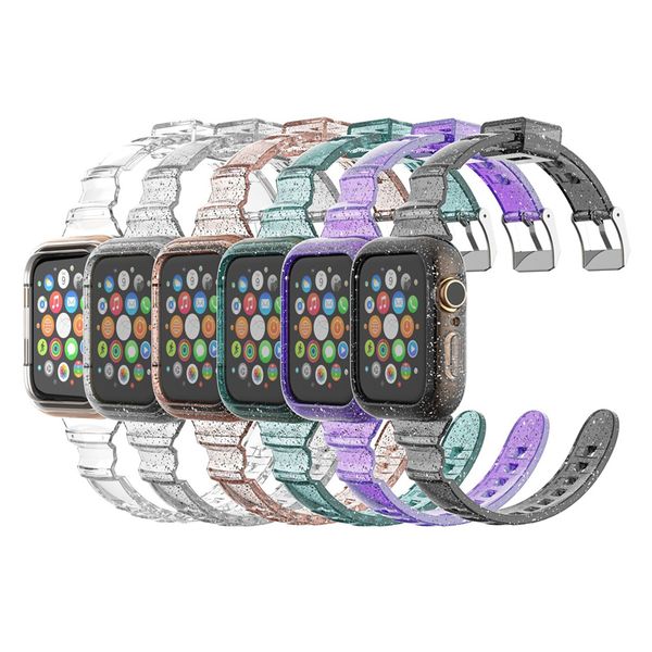 Pulseira de relógio transparente com glitter com capa protetora para Apple Watch Band 38mm 40mm 41mm 42mm 44mm 45mm Pulseira esportiva TPU transparente para iWatch Series 8 SE 7 6 5 4 3 2 1