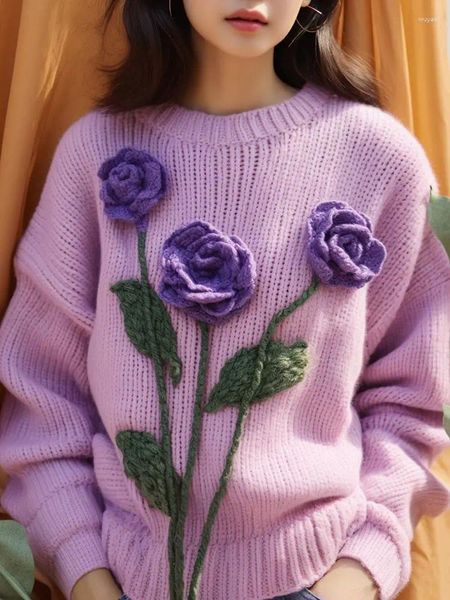 Suéter feminino de alta qualidade roxo 3d malha flor suéter mulheres tops outono e inverno malhas soltas pulôver casual tendência feminina