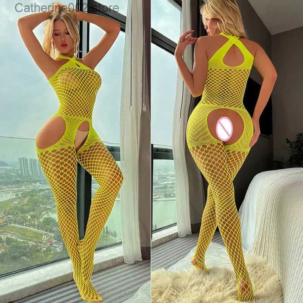 Sexy conjunto sexy corpo meias malha quente lingerie erótica mulheres transparente aberto virilha meia-calça mulher fishnet bodysuits catsuit sexy collants t231027