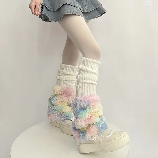 Meias femininas adultos y2k com nervuras para inverno outono moda colorida guarnição de pele joelho alta meia bota punhos bonito