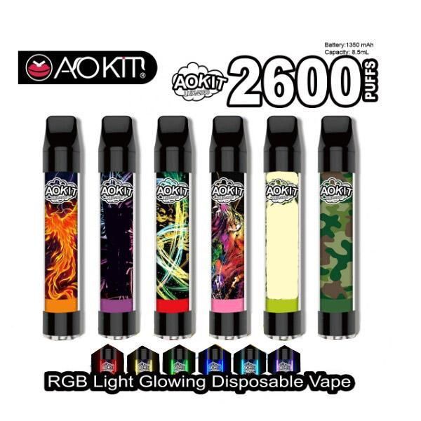 Dispositivo pod monouso originale Aokit Lux Light Edition 2600 Puff con sistema di penna Vape con luce RGB 8,5 ml 1350 mAh Penna stick vapore Ecig