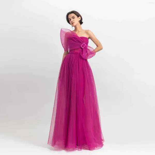 Abiti casual Senza spalline a forma di fiocco Abito lungo da ballo completamente pieghettato Fucsia Party Elegante abito da cerimonia formale A Line Abiti da festa