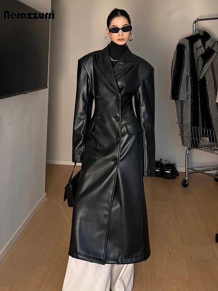 Damen Leder Faux Nerazzurri Frühling Herbst Luxus langes schwarzes PU -Trench Coat für Frauen Schulterpolster Doppelte Baced Runway Fashion 231026