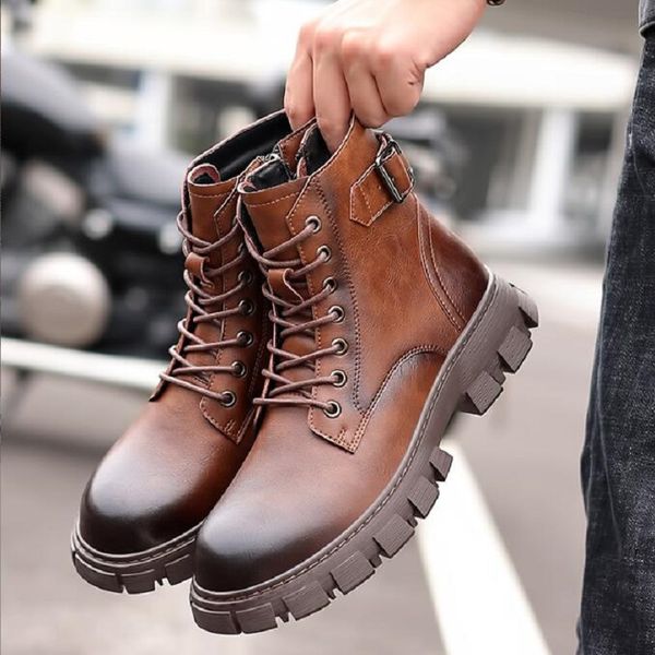Мужские кожаные винтажные рабочие ботинки, осенне-зимние теплые высокие ковбойские сапоги на молнии, зимние мужские ботинки 10A52