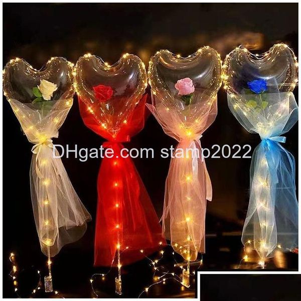 Decorazione per feste Led Bobo Palloncino Lampeggiante Luce a forma di cuore Fiore rosa Palla Trasparente Regalo di San Valentino Consegna a goccia Dhcbj H Dhvhj